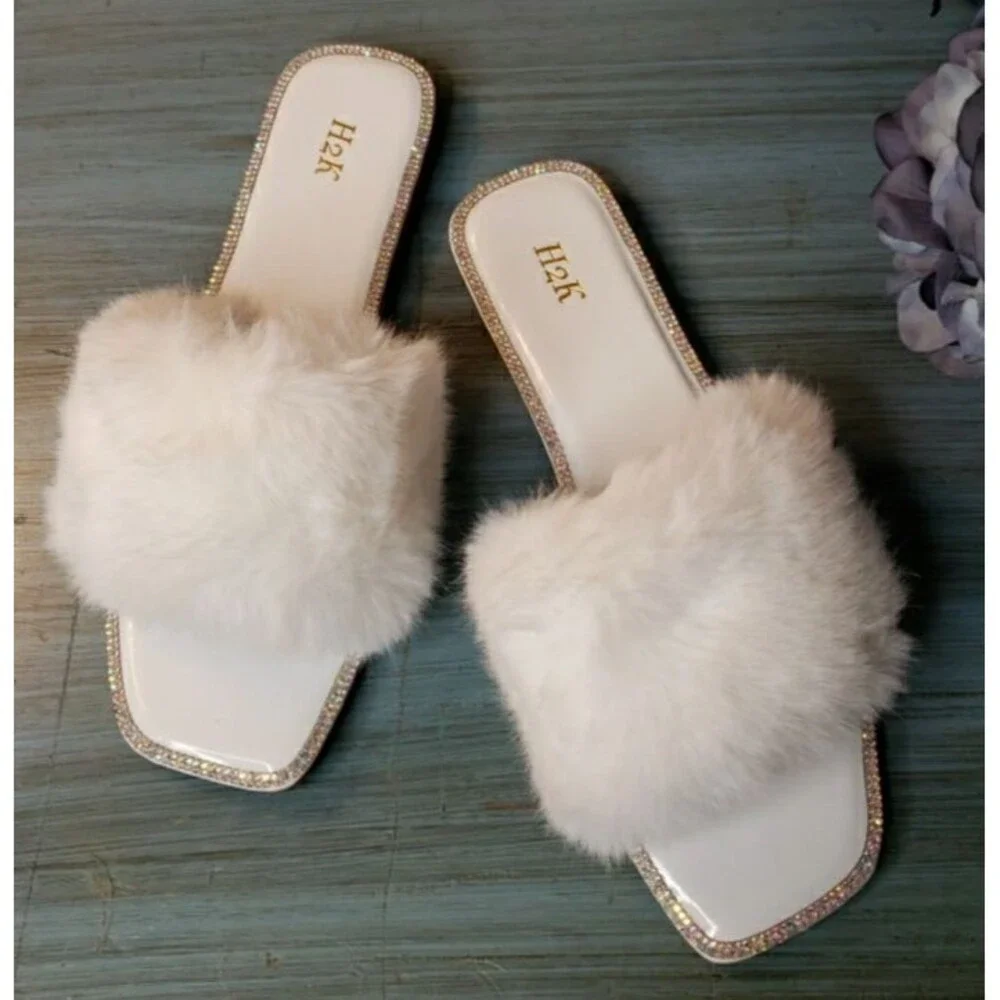 Faux Fur Rhinestone Slides Sandals Slippers Wedding Fuzzy Bling Cute Women Sz 10 - Picture 2 of 16
